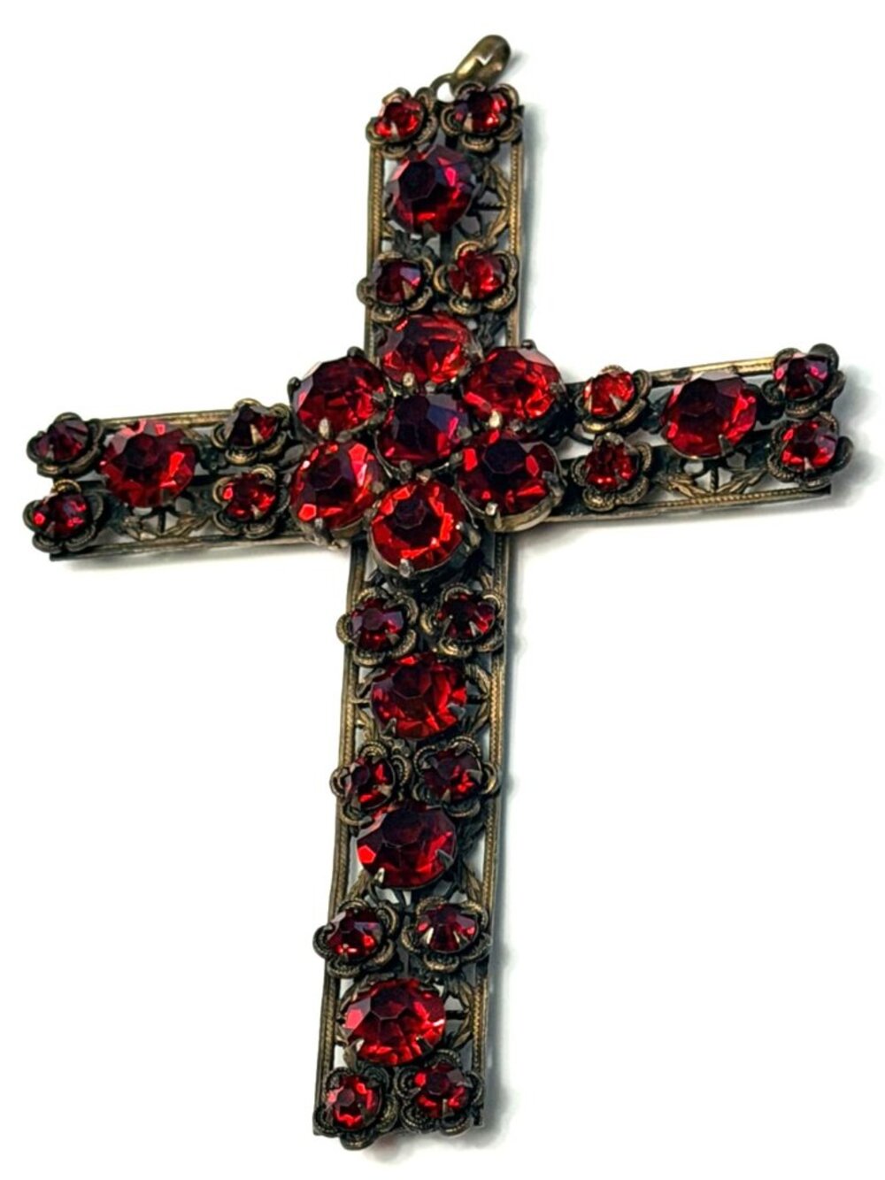Large Vintage Red Rhinestone Cross Pendant Filigree Brass Czech Gothic Estate 4" - Picture 8 of 8